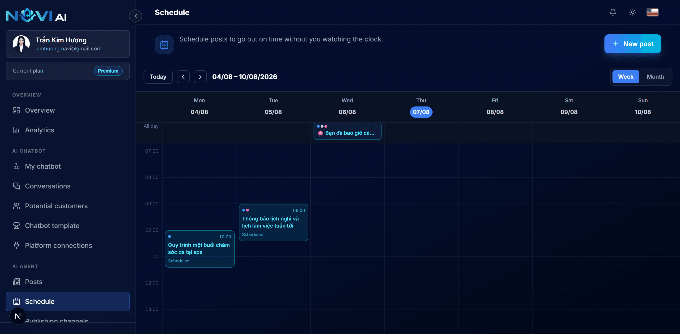 NAVI AI Agent posting schedule — posts scheduled by week